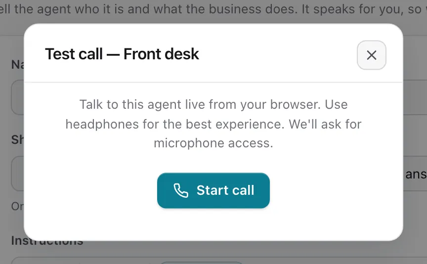The test call window